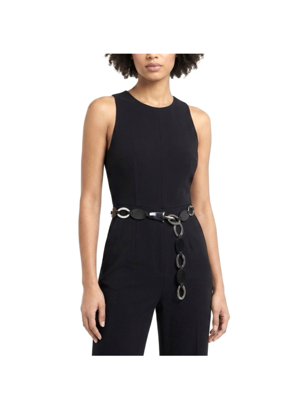 Suzi Roher Oval Chain Link Belt Women's Black Silver Leather Elastic Boho Sz M
